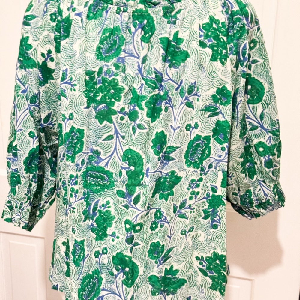 Ro’s Garden Green Blue 100% Cotton Blouse Sz Large Anthropologie Boho Vibes - Picture 4 of 10